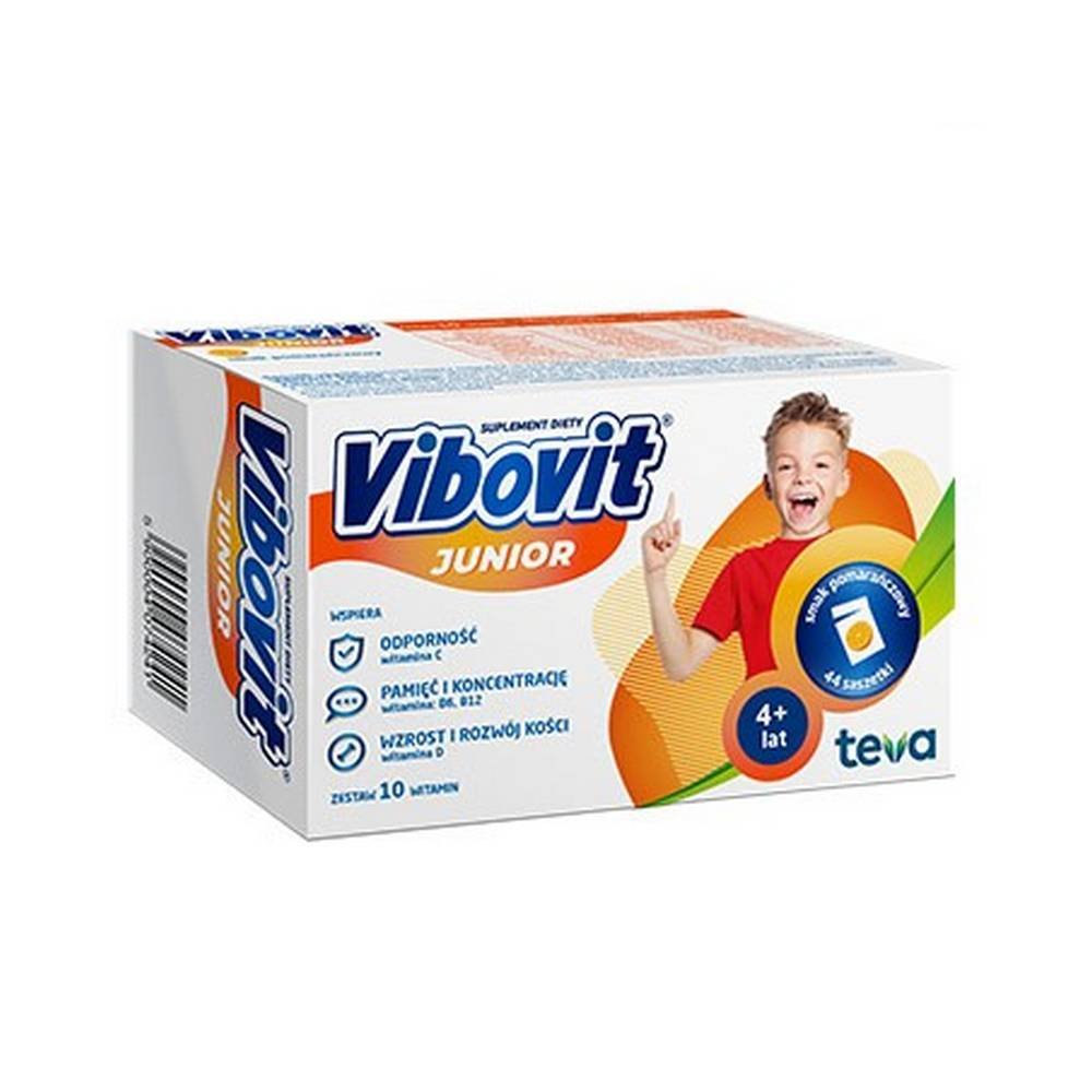 vibovit junior powder in sachets strawberry flavor 2 g 30 pcs teva Vibovit Junior - un complément alimentaire contenant des vitamines qui soutiennent, entre autres, le système squelettique et nerveux d'un enfant. Le produit est destiné aux enfants âgés de 4 à 12 ans.