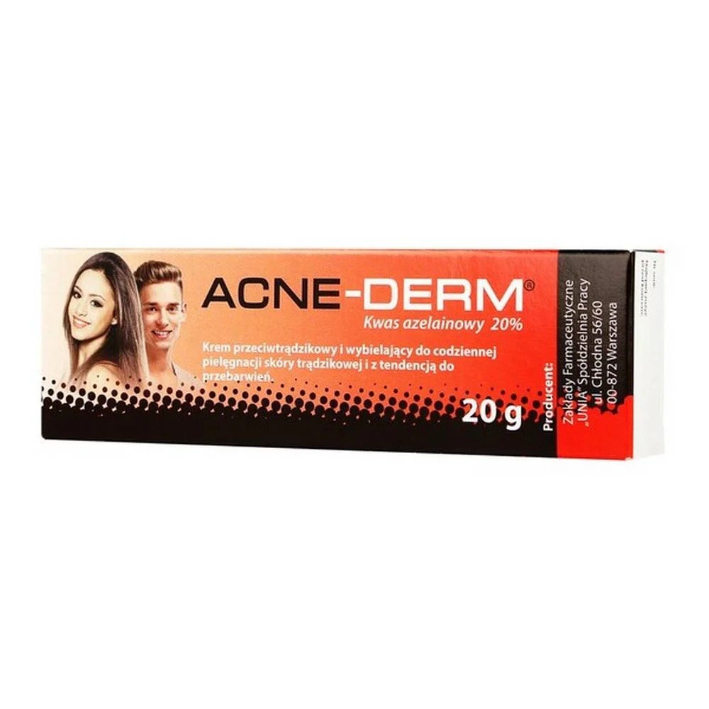 acne derm anti acne and whitening cream 20 g Крем против прыщей и отбеливающий – содержит 20% азелаиновой кислоты, которая борется с прыщами и отбеливает пигментные пятна.
