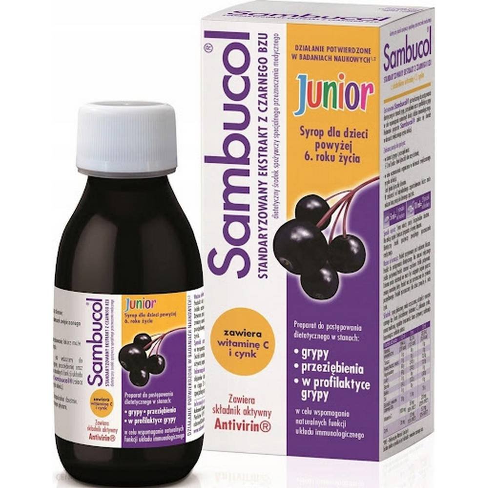 sambucol junior powyzej 6 roku zycia syrop 120ml The liquid preparation Sambucol Junior is a dietary supplement intended for children over 6 years of age and adults, made from elderberry juice, enriched with vitamin C and zinc.