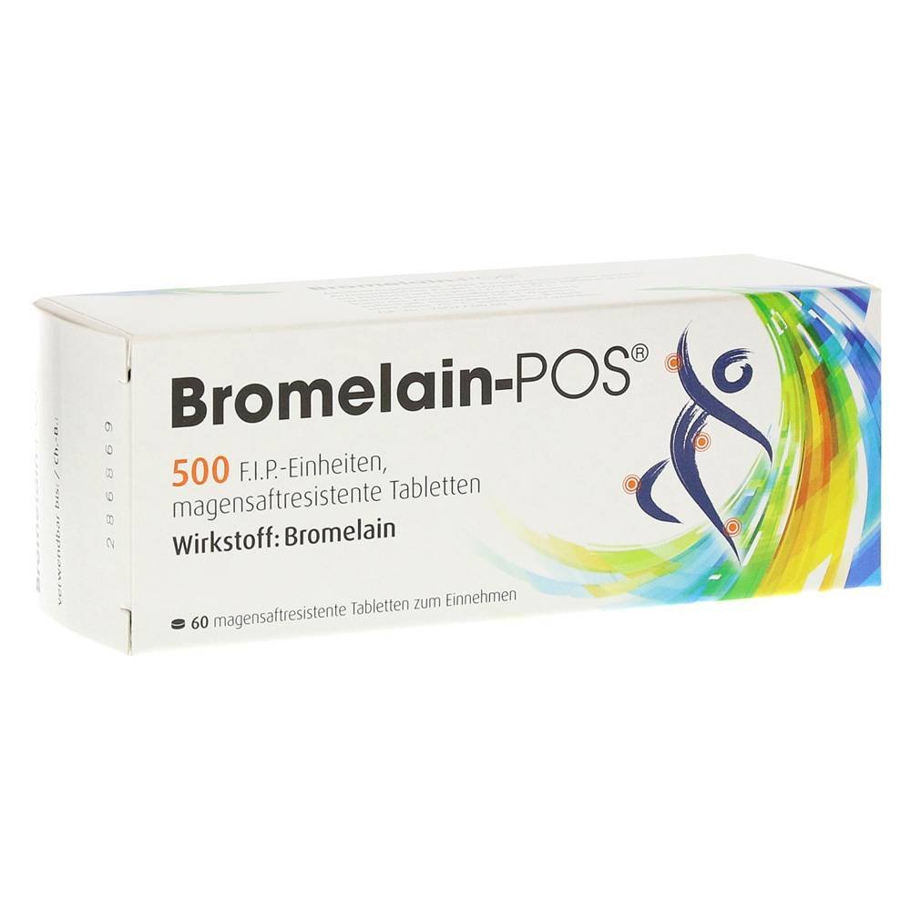 bromelain pos magensaftresistente tabletten 60 stk Bromelain-POS® is a herbal medicine used as an adjunctive treatment for acute swelling and bruising following surgery and trauma, especially of the nose and sinuses.