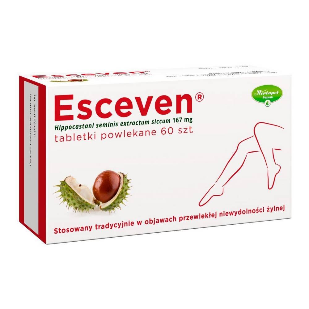 esceven 60 tabletek Esceven is a drug used to treat symptoms of venous insufficiency, such as swelling, pain and heaviness in the legs, varicose veins, and calf cramps.