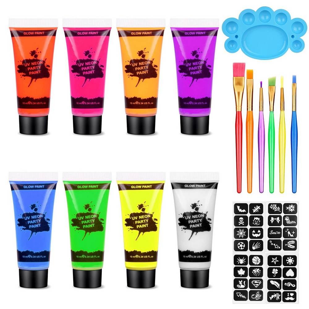 aoowu childrens make up set 8 colours AOOWU Set de maquillaje para niños de 8 colores para crear diseños faciales únicos e interesantes, cosméticos seguros y fáciles de usar que fluorescen bajo la luz ultravioleta y son ideales para ocasiones especiales.