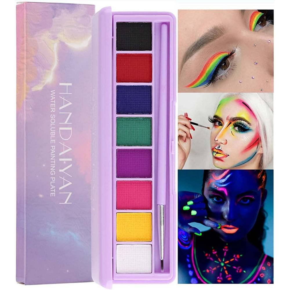 handaiyan face body paint 8 colours 02 Beauty Searcher HANDAIYAN Face Body Paint 8 Colors #02 no es tóxico y no contiene productos químicos nocivos, es adecuado para cualquier tipo de maquillaje artístico o coloración de efectos especiales, los colores se pueden mezclar fácilmente entre sí y se limpia instantáneamente en 3 segundos.